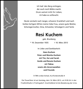 Anzeige von Resi Kuchem von Kölner Stadt-Anzeiger / Kölnische Rundschau / Express