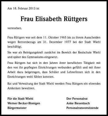 Anzeige von Elisabeth Rüttgers von Kölner Stadt-Anzeiger / Kölnische Rundschau / Express