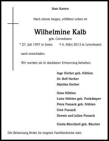 Anzeige von Wilhelmine Kalb von Kölner Stadt-Anzeiger / Kölnische Rundschau / Express