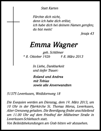 Anzeige von Emma Wagner von Kölner Stadt-Anzeiger / Kölnische Rundschau / Express