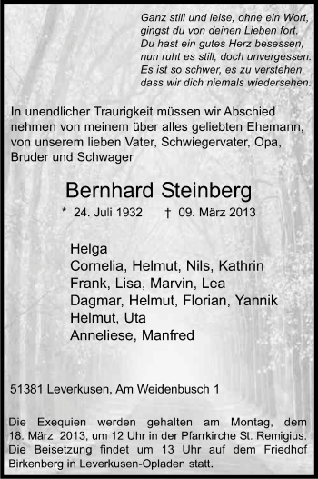 Anzeige von Bernhard Steinberg von Kölner Stadt-Anzeiger / Kölnische Rundschau / Express