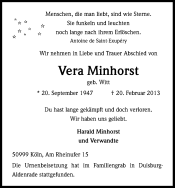 Anzeige von Vera Minhorst von Kölner Stadt-Anzeiger / Kölnische Rundschau / Express
