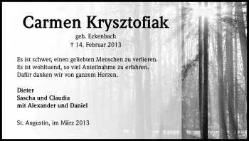 Anzeige von Carmen Krysztofiak von Kölner Stadt-Anzeiger / Kölnische Rundschau / Express