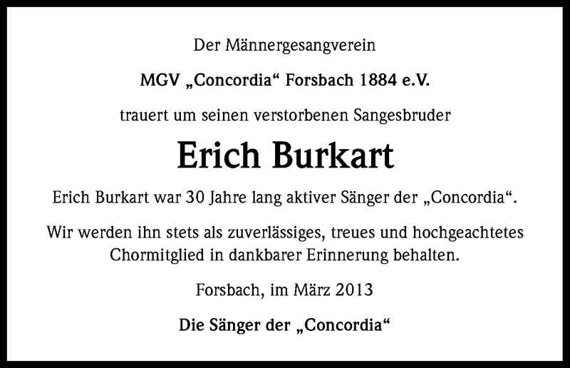  Traueranzeige für Erich Burkart vom 15.03.2013 aus Kölner Stadt-Anzeiger / Kölnische Rundschau / Express