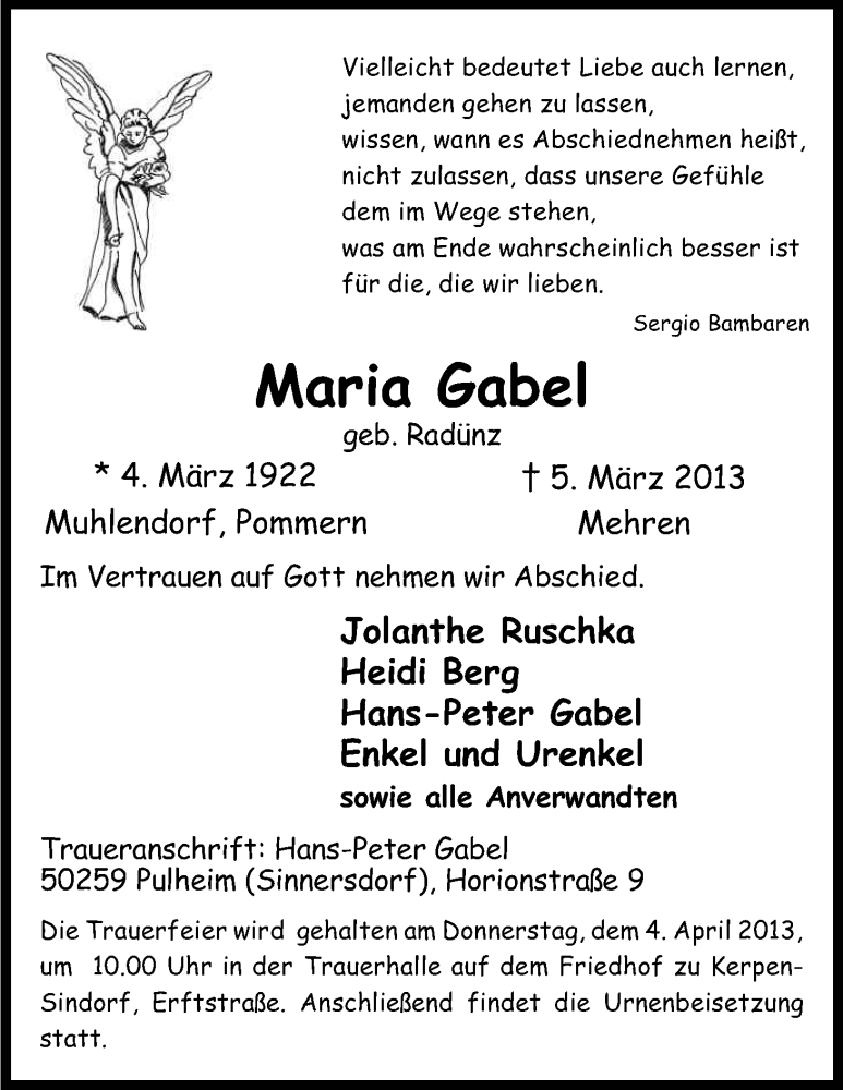  Traueranzeige für Maria Gabel vom 16.03.2013 aus Kölner Stadt-Anzeiger / Kölnische Rundschau / Express