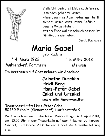 Anzeige von Maria Gabel von Kölner Stadt-Anzeiger / Kölnische Rundschau / Express