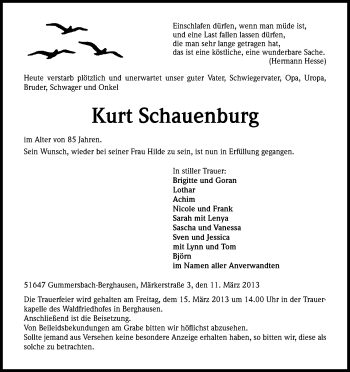 Anzeige von Kurt Schauenburg von Kölner Stadt-Anzeiger / Kölnische Rundschau / Express