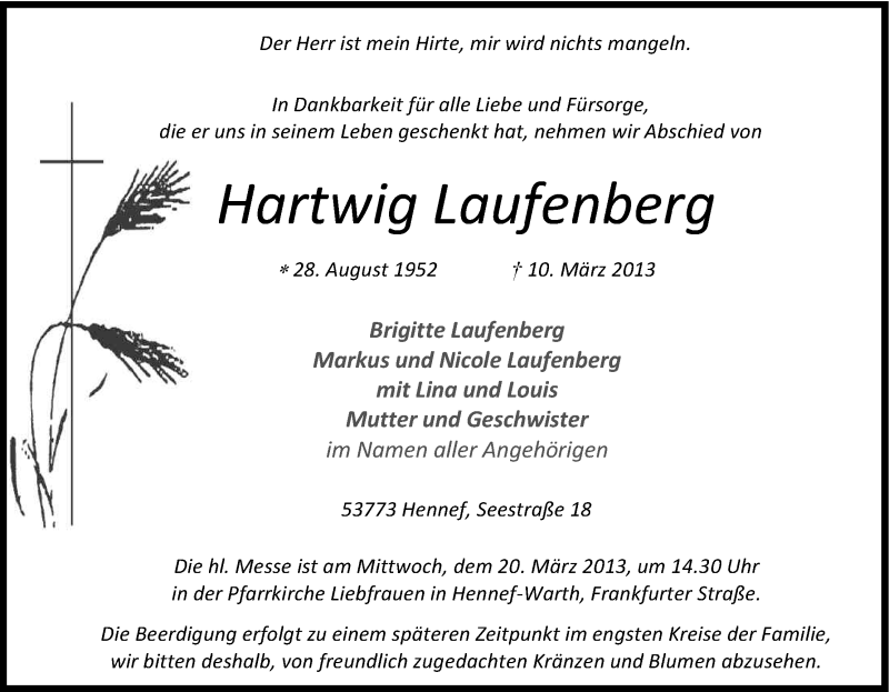  Traueranzeige für Hartwig Laufenberg vom 13.03.2013 aus Kölner Stadt-Anzeiger / Kölnische Rundschau / Express