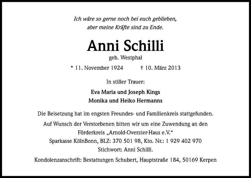  Traueranzeige für Anni Schilli vom 30.03.2013 aus Kölner Stadt-Anzeiger / Kölnische Rundschau / Express