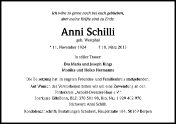 Anzeige von Anni Schilli von Kölner Stadt-Anzeiger / Kölnische Rundschau / Express