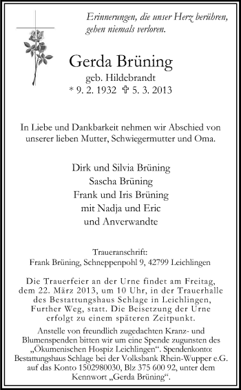Anzeige von Gerda BrÃ¼ning von Kölner Stadt-Anzeiger / Kölnische Rundschau / Express