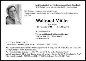 Anzeige von Waltraud Müller von Kölner Stadt-Anzeiger / Kölnische Rundschau / Express