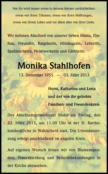 Anzeige von Monika Stahlhofen von Kölner Stadt-Anzeiger / Kölnische Rundschau / Express