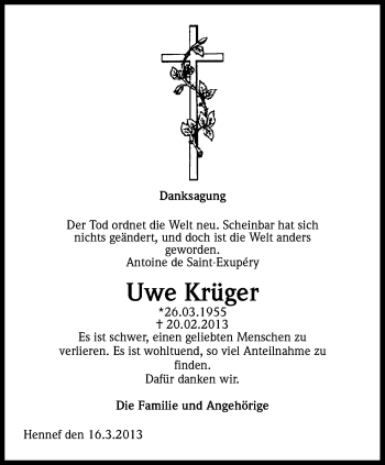 Anzeige von Uwe Krüger von Kölner Stadt-Anzeiger / Kölnische Rundschau / Express