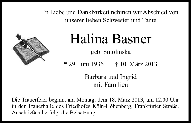  Traueranzeige für Halina Basner vom 14.03.2013 aus Kölner Stadt-Anzeiger / Kölnische Rundschau / Express