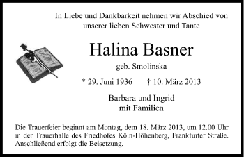 Anzeige von Halina Basner von Kölner Stadt-Anzeiger / Kölnische Rundschau / Express