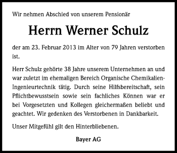 Anzeige von Werner Schulz von Kölner Stadt-Anzeiger / Kölnische Rundschau / Express
