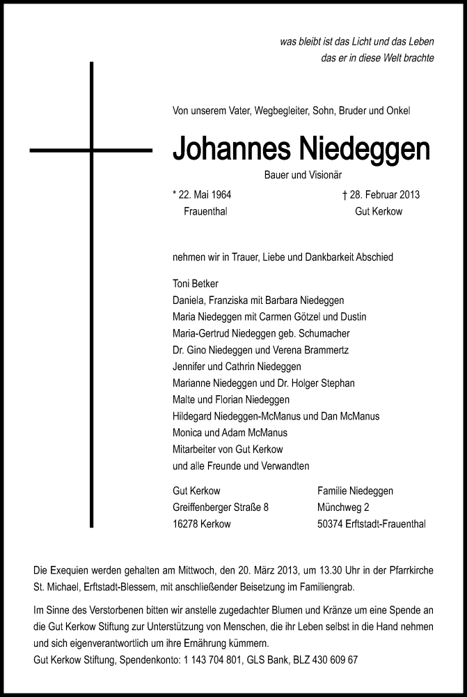  Traueranzeige für Johannes Niedeggen vom 16.03.2013 aus Kölner Stadt-Anzeiger / Kölnische Rundschau / Express