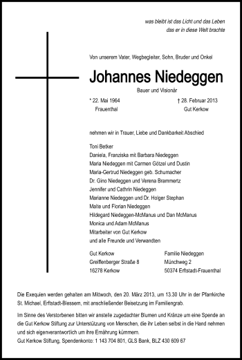 Anzeige von Johannes Niedeggen von Kölner Stadt-Anzeiger / Kölnische Rundschau / Express