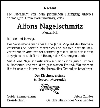Anzeige von Alfons Nagelschmitz von Kölner Stadt-Anzeiger / Kölnische Rundschau / Express