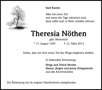 Anzeige von Theresia Nöthen von Kölner Stadt-Anzeiger / Kölnische Rundschau / Express