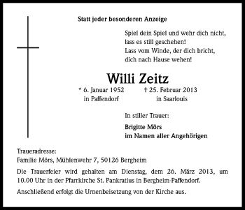 Anzeige von Willi Zeitz von Kölner Stadt-Anzeiger / Kölnische Rundschau / Express
