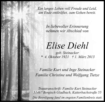 Anzeige von Elise Diehl von Kölner Stadt-Anzeiger / Kölnische Rundschau / Express