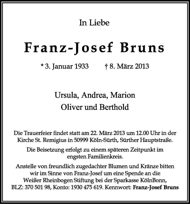  Traueranzeige für Franz-Josef Bruns vom 16.03.2013 aus Kölner Stadt-Anzeiger / Kölnische Rundschau / Express