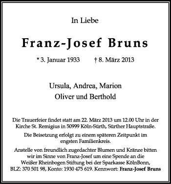 Anzeige von Franz-Josef Bruns von Kölner Stadt-Anzeiger / Kölnische Rundschau / Express