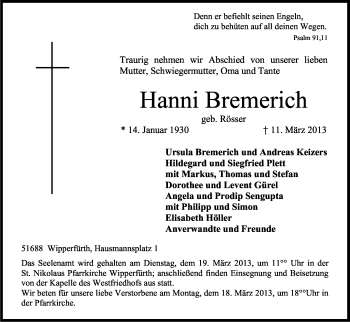 Anzeige von Hanni Bremerich von Kölner Stadt-Anzeiger / Kölnische Rundschau / Express