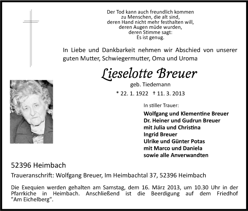  Traueranzeige für Lieselotte Breuer vom 14.03.2013 aus Kölner Stadt-Anzeiger / Kölnische Rundschau / Express