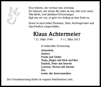 Anzeige von Klaus Achtermeier von Kölner Stadt-Anzeiger / Kölnische Rundschau / Express