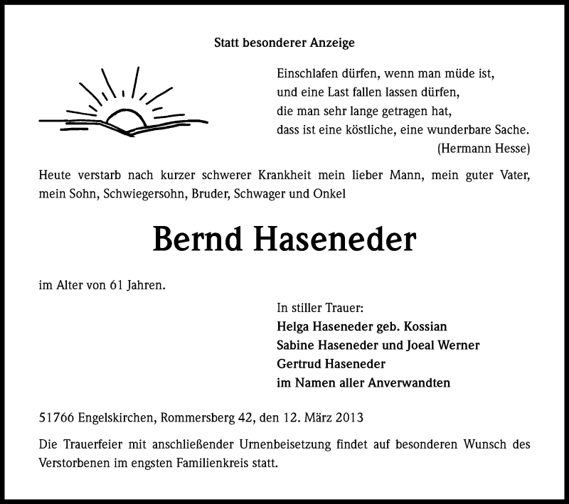  Traueranzeige für Bernd Haseneder vom 16.03.2013 aus Kölner Stadt-Anzeiger / Kölnische Rundschau / Express