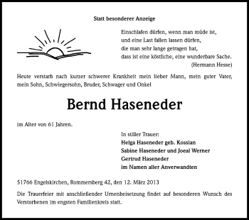 Anzeige von Bernd Haseneder von Kölner Stadt-Anzeiger / Kölnische Rundschau / Express