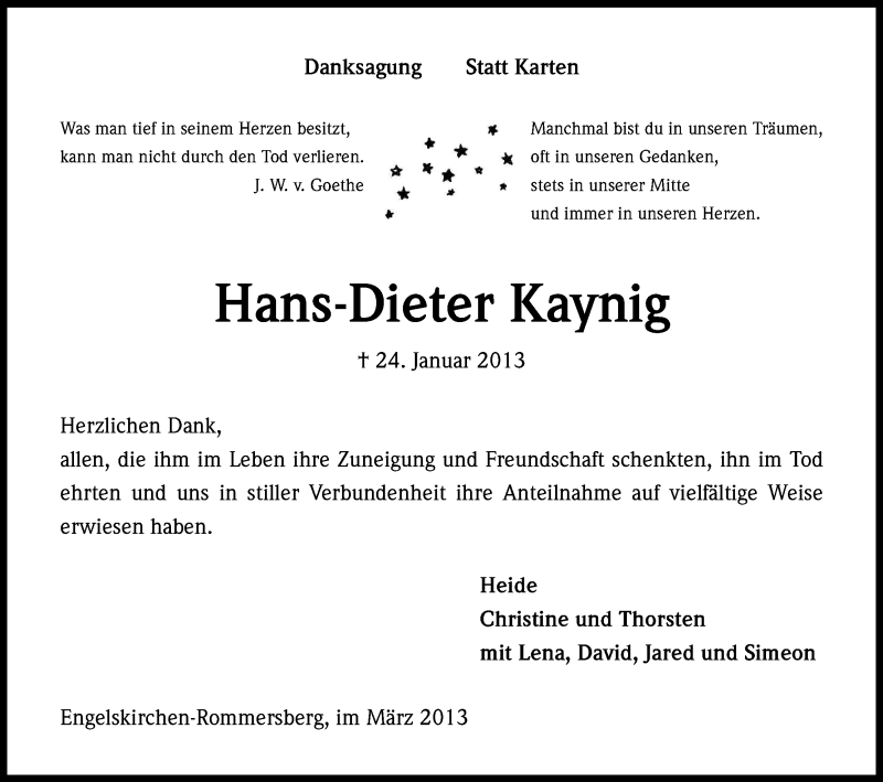  Traueranzeige für Hans-Dieter Kaynig vom 16.03.2013 aus Kölner Stadt-Anzeiger / Kölnische Rundschau / Express