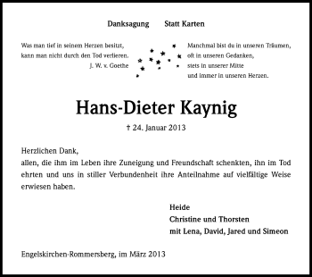 Anzeige von Hans-Dieter Kaynig von Kölner Stadt-Anzeiger / Kölnische Rundschau / Express