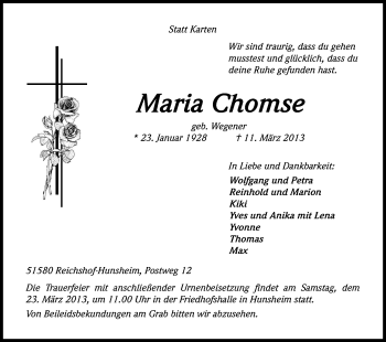 Anzeige von Maria Chomse von Kölner Stadt-Anzeiger / Kölnische Rundschau / Express