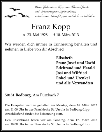 Anzeige von Franz Kopp von Kölner Stadt-Anzeiger / Kölnische Rundschau / Express