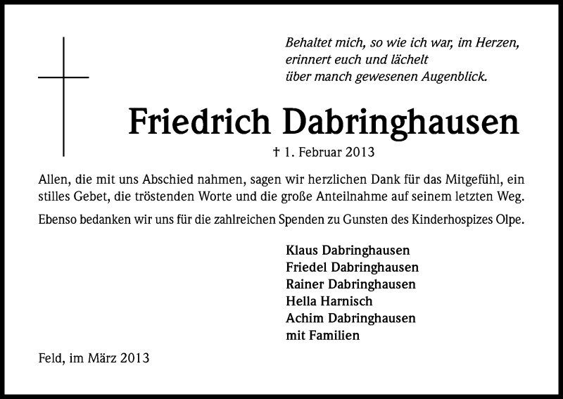  Traueranzeige für Friedrich Dabringhausen vom 15.03.2013 aus Kölner Stadt-Anzeiger / Kölnische Rundschau / Express