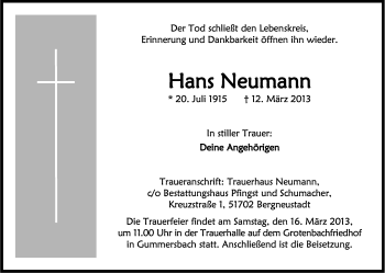 Anzeige von Hans Neumann von Kölner Stadt-Anzeiger / Kölnische Rundschau / Express