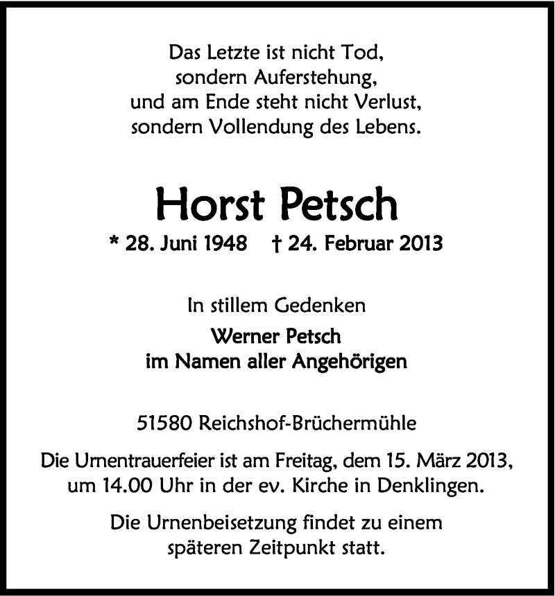  Traueranzeige für Horst Petsch vom 14.03.2013 aus Kölner Stadt-Anzeiger / Kölnische Rundschau / Express
