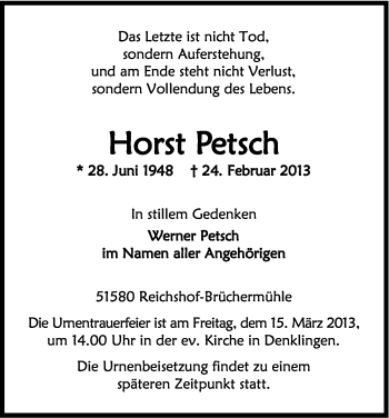 Anzeige von Horst Petsch von Kölner Stadt-Anzeiger / Kölnische Rundschau / Express