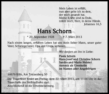Anzeige von Hans Schorn von Kölner Stadt-Anzeiger / Kölnische Rundschau / Express