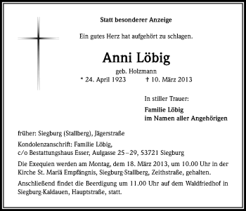 Anzeige von Anni Löbig von Kölner Stadt-Anzeiger / Kölnische Rundschau / Express