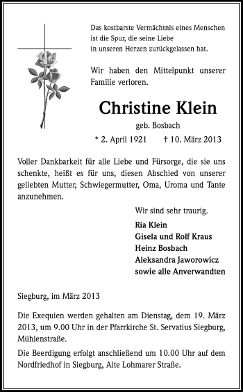 Anzeige von Christine Klein von Kölner Stadt-Anzeiger / Kölnische Rundschau / Express