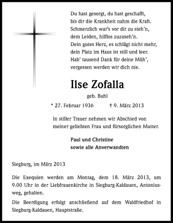 Anzeige von Ilse Zofalla von Kölner Stadt-Anzeiger / Kölnische Rundschau / Express