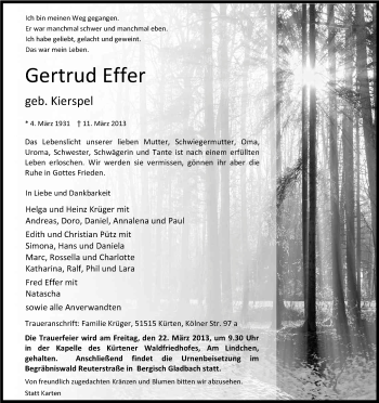Anzeige von Gertrud Effer von Kölner Stadt-Anzeiger / Kölnische Rundschau / Express