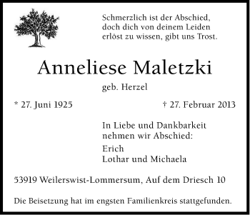 Anzeige von Anneliese Maletzki von Kölner Stadt-Anzeiger / Kölnische Rundschau / Express
