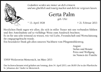 Anzeige von Gerta Palm von Kölner Stadt-Anzeiger / Kölnische Rundschau / Express