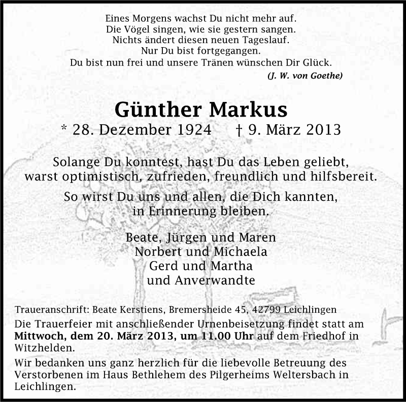 Traueranzeige für Günther Markus vom 15.03.2013 aus Kölner Stadt-Anzeiger / Kölnische Rundschau / Express